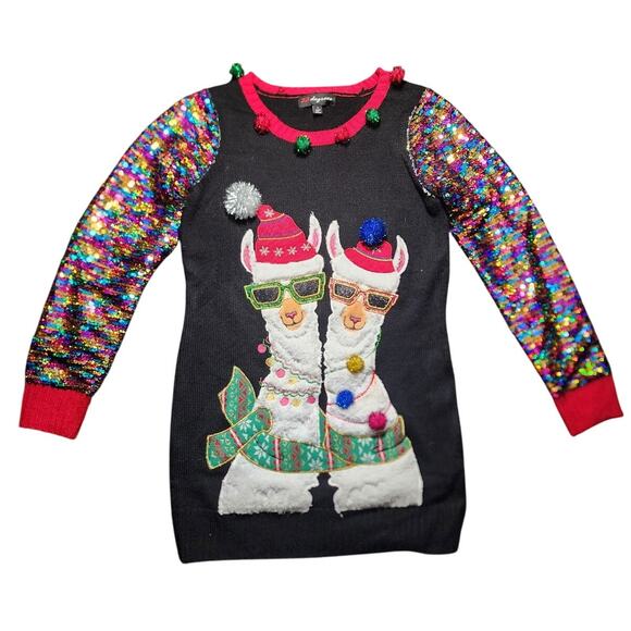 33 Degrees Festive Llama Sequins Tunic Pom Pom Ugly Christmas Sweater Small - Picture 1 of 8